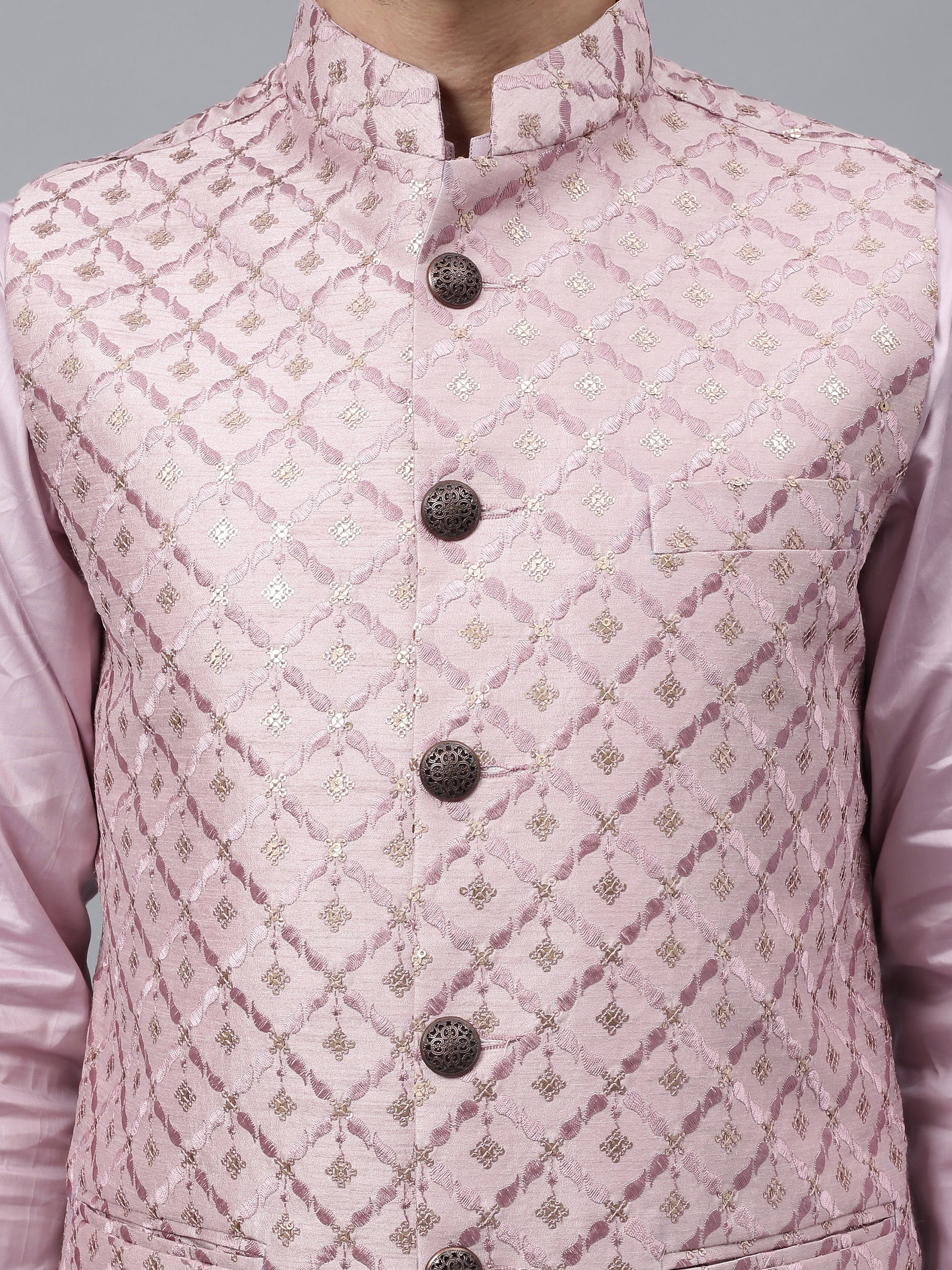 Men's pink embroidered Nehru jacket with quilted diamond pattern and mandarin collar for Indian ethnic wear