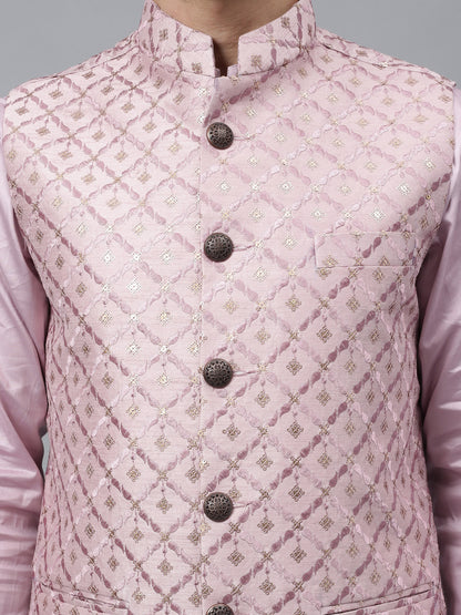 Men's pink embroidered Nehru jacket with quilted diamond pattern and mandarin collar for Indian ethnic wear