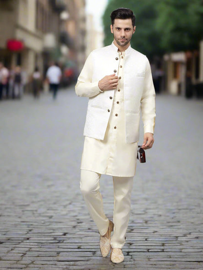 Men's sophisticated cream / off-white cotton silk blend kurta pajama set with stylish front buttons, ideal for social occasions and weddings