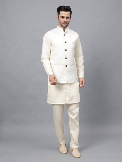 Men's sophisticated cream / off-white cotton silk blend kurta pajama set with stylish front buttons, ideal for social occasions and weddings