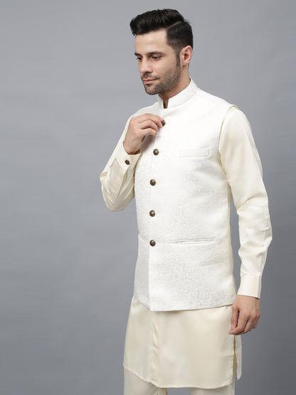 Men's sophisticated cream / off-white cotton silk blend kurta pajama set with stylish front buttons, ideal for social occasions and weddings