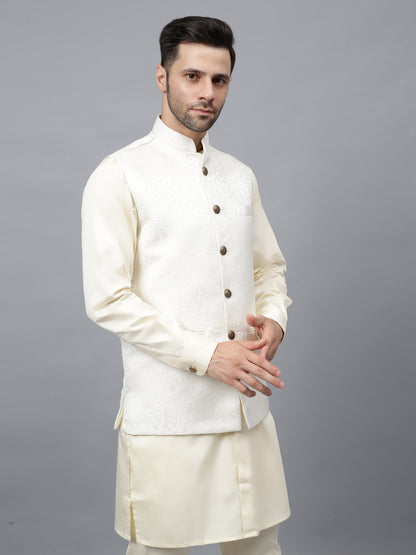 Men's sophisticated cream / off-white cotton silk blend kurta pajama set with stylish front buttons, ideal for social occasions and weddings