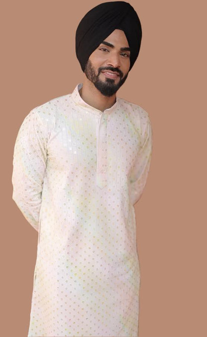 Men's white cotton kurta with multi-color sequin embroidery, mandarin collar traditional Indian ethnic wear for weddings and festivals