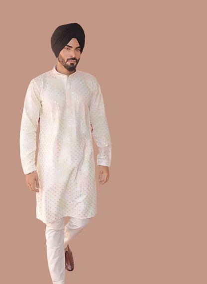 Men's white cotton kurta with multi-color sequin embroidery, mandarin collar traditional Indian ethnic wear for weddings and festivals