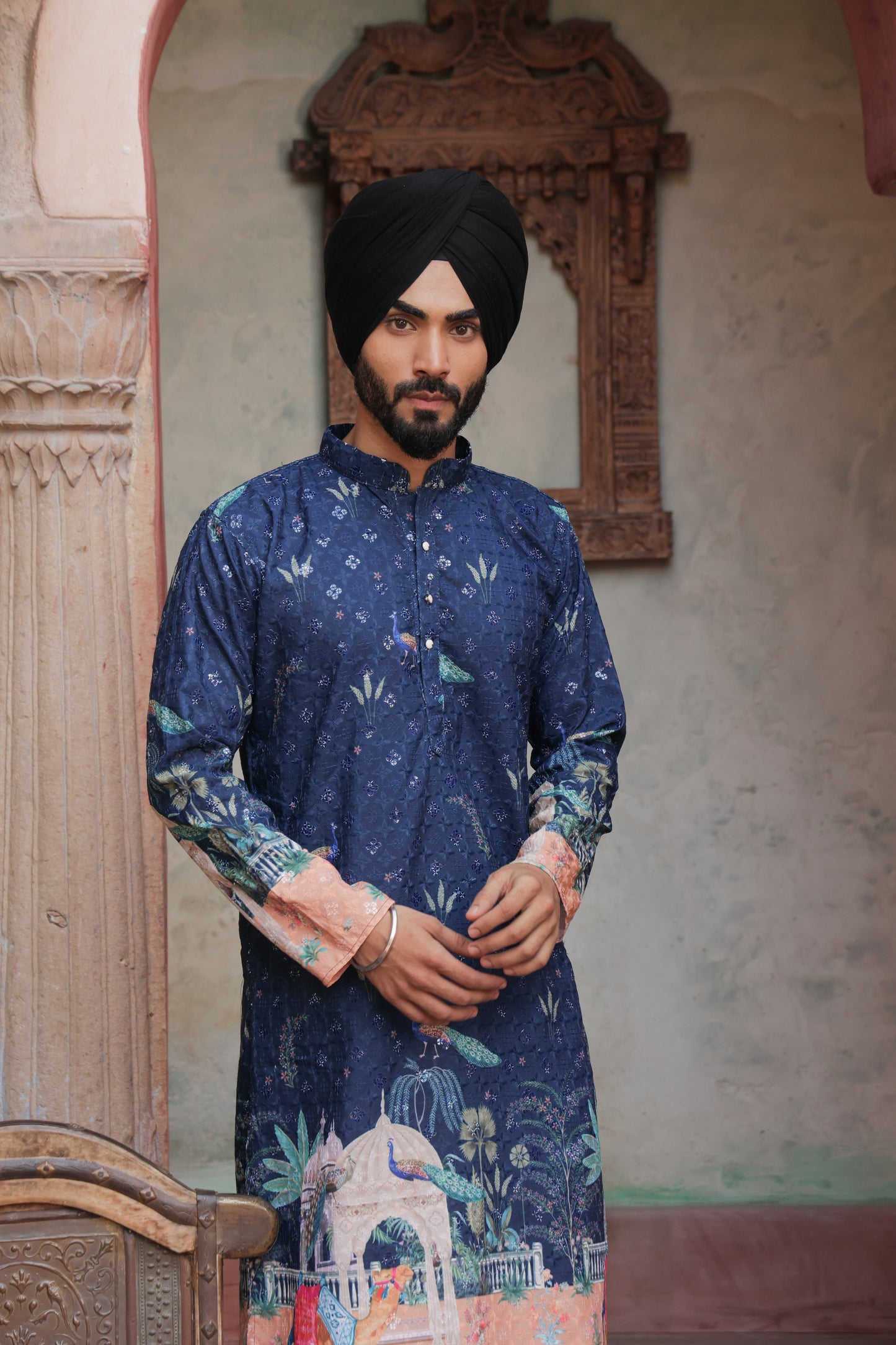 Men's blue kurta with Pichkari floral print and colorful traditional border design, mandarin collar, button closure, full length, side pockets - casual and social occasions Indian wear