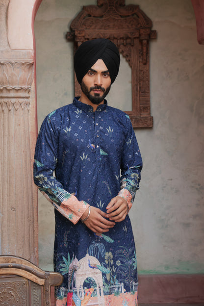 Men's blue kurta with Pichkari floral print and colorful traditional border design, mandarin collar, button closure, full length, side pockets - casual and social occasions Indian wear