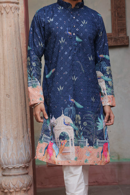 Men's blue kurta with Pichkari floral print and colorful traditional border design, mandarin collar, button closure, full length, side pockets - casual and social occasions Indian wear
