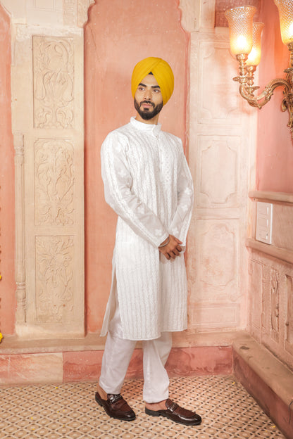 White chikankari kurta for men - hand embroidered lucknowi ethnic wear with traditional Indian threadwork for weddings and festivals
