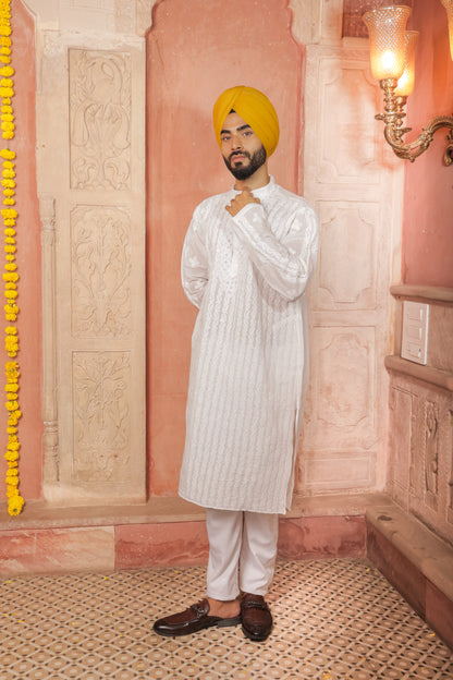 White chikankari kurta for men - hand embroidered lucknowi ethnic wear with traditional Indian threadwork for weddings and festivals