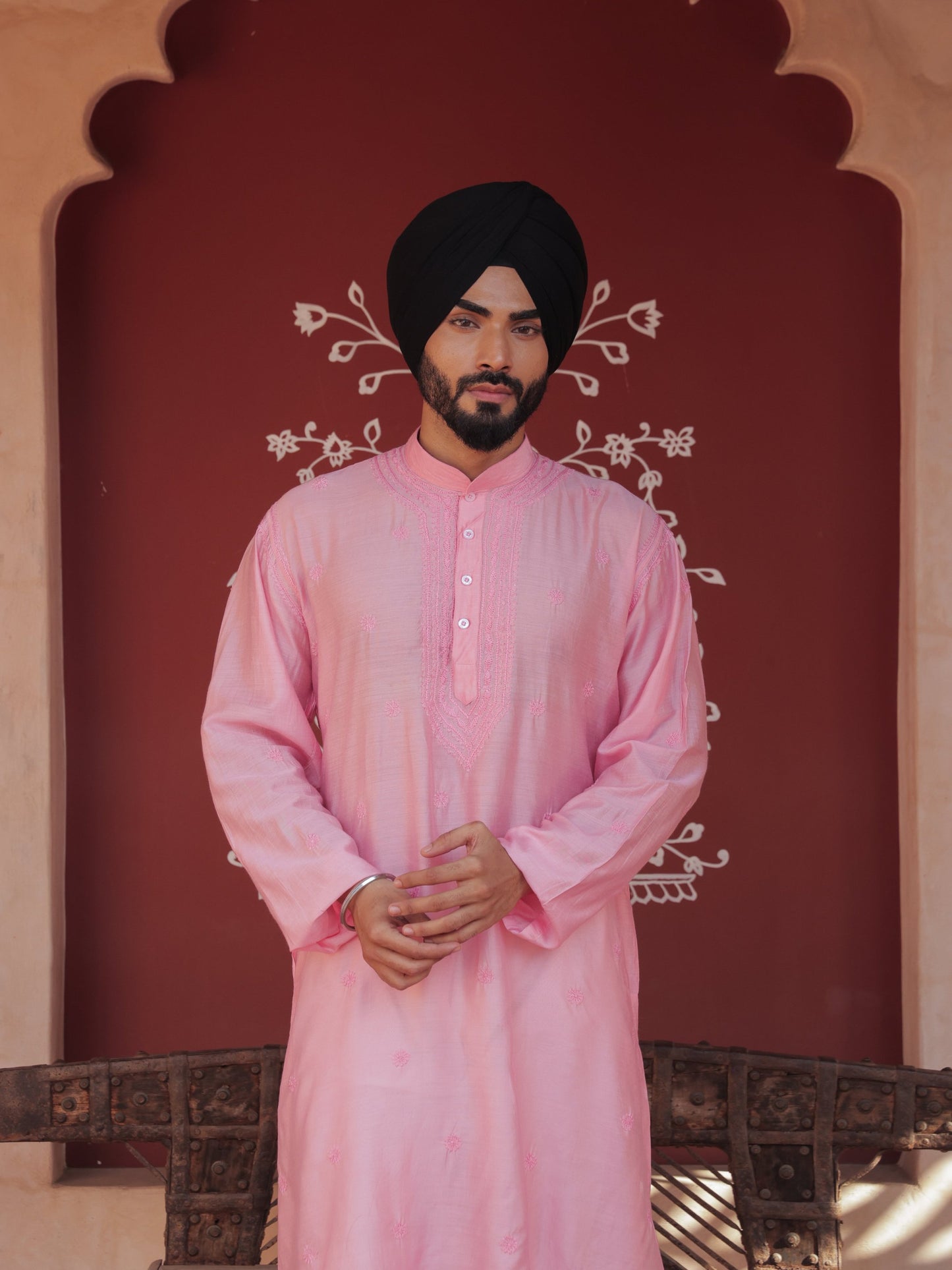 Men Pink chikankari Kurta  made of pure Linen, full length, button closure, fine embroidery on placket, full sleeves, mandarin collar, side pockets, traditional wear for family occasions, casual wear