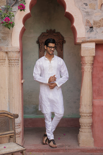 Men's white cotton chikankari kurta with traditional lucknowi embroidery - Indian ethnic wear for weddings and festivals