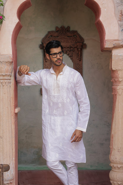 Men's white cotton chikankari kurta with traditional lucknowi embroidery - Indian ethnic wear for weddings and festivals