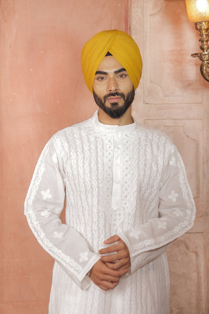 White chikankari kurta for men - hand embroidered lucknowi ethnic wear with traditional Indian threadwork for weddings and festivals