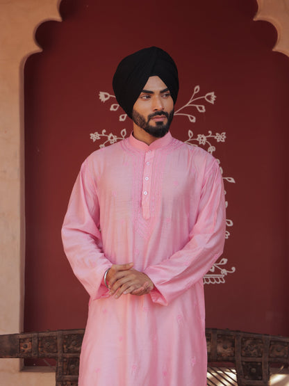 Men Pink chikankari Kurta  made of pure Linen, full length, button closure, fine embroidery on placket, full sleeves, mandarin collar, side pockets, traditional wear for family occasions, casual wear