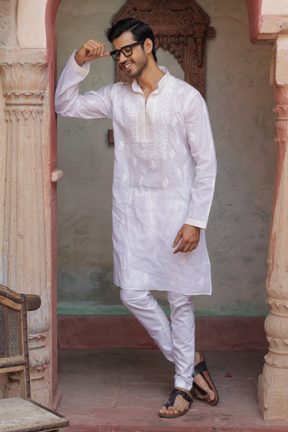 Men's white cotton chikankari kurta with traditional lucknowi embroidery - Indian ethnic wear for weddings and festivals