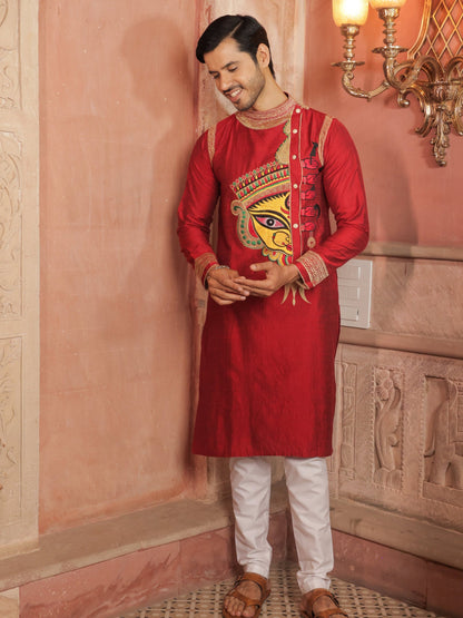 Red Durga embroidery kurta pajama set for men - traditional Indian ethnic wear with golden threadwork for Navratri and Durga Puja festivals