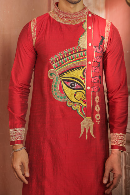 Red Durga embroidery kurta pajama set for men - traditional Indian ethnic wear with golden threadwork for Navratri and Durga Puja festivals