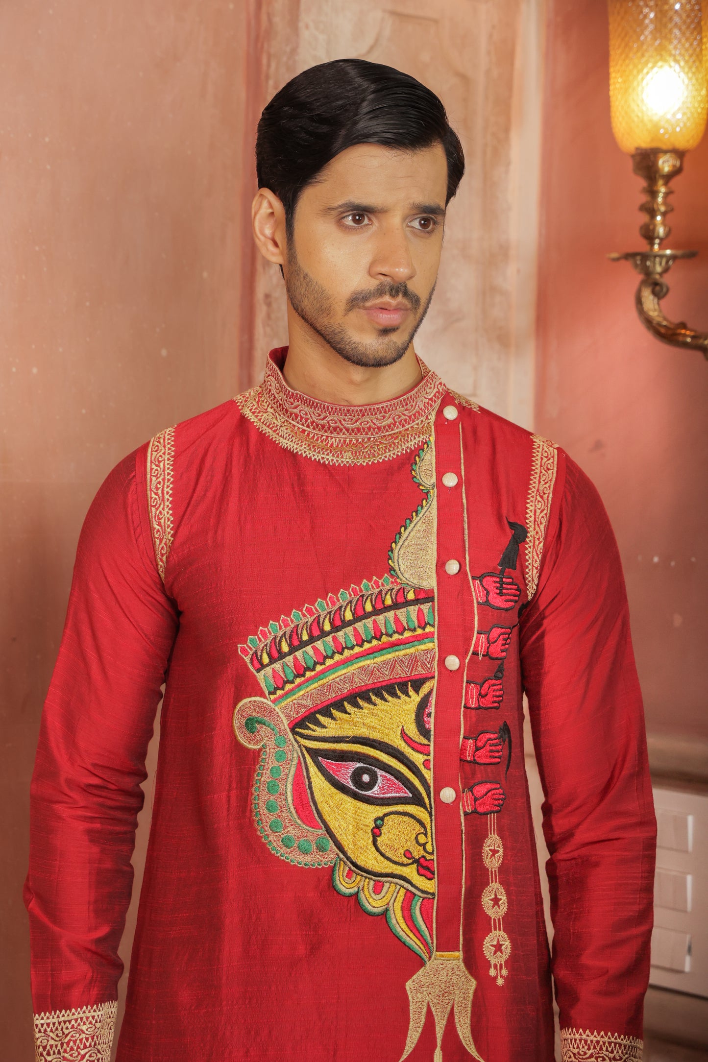 Red Durga embroidery kurta pajama set for men - traditional Indian ethnic wear with golden threadwork for Navratri and Durga Puja festivals