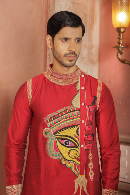 Red Durga embroidery kurta pajama set for men - traditional Indian ethnic wear with golden threadwork for Navratri and Durga Puja festivals