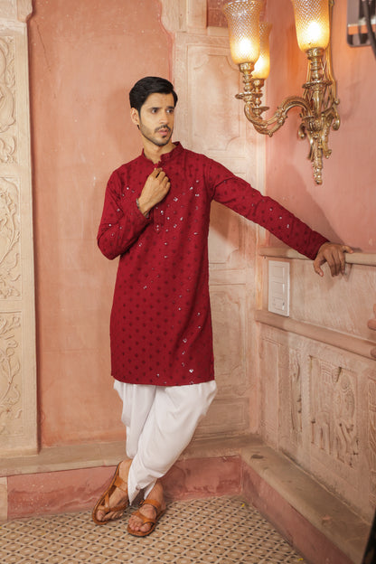Men maroon or dark red color Kurta with sequin, full length, button closure, one fourth placket, full sleeves, mandarin collar, side pockets, traditional ethnic wear for festivals, family occasions, wedding, house warming, casual wear
