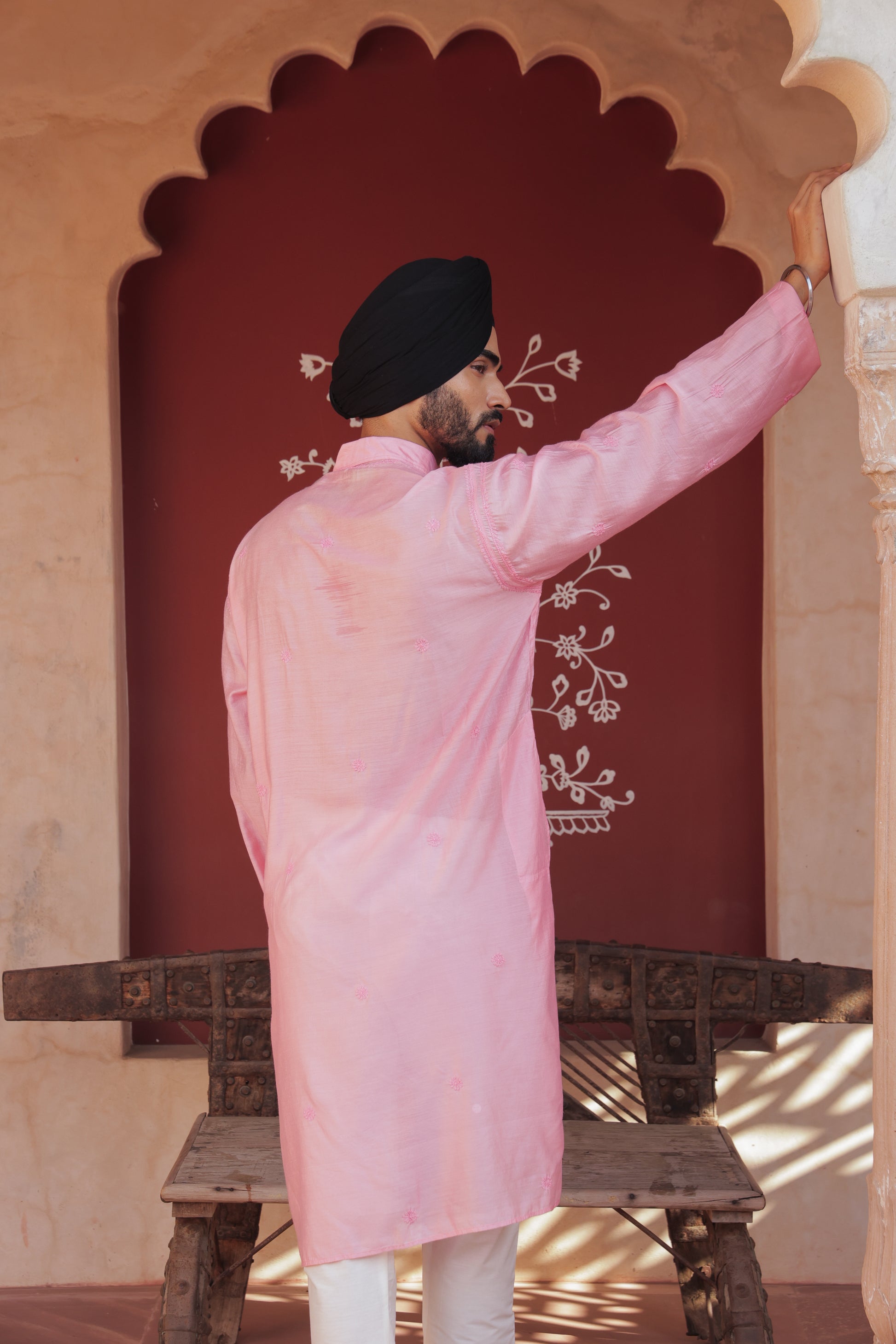 Men Pink chikankari Kurta  made of pure Linen, full length, button closure, fine embroidery on placket, full sleeves, mandarin collar, side pockets, traditional wear for family occasions, casual wear