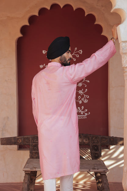 Men Pink chikankari Kurta  made of pure Linen, full length, button closure, fine embroidery on placket, full sleeves, mandarin collar, side pockets, traditional wear for family occasions, casual wear