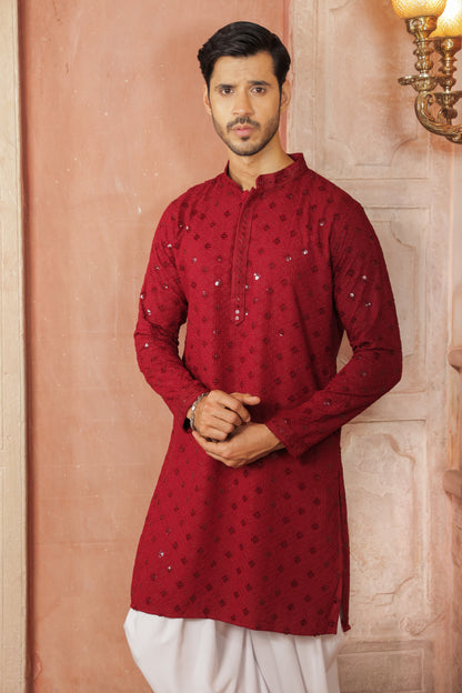 Men maroon or dark red color Kurta with sequin, full length, button closure, one fourth placket, full sleeves, mandarin collar, side pockets, traditional ethnic wear for festivals, family occasions, wedding, house warming, casual wear
