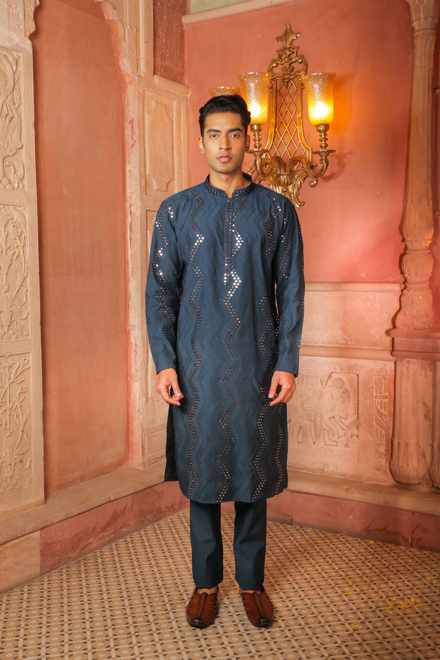 Men blue embroidered kurta with intricate thread and mirror work paired with blue pajama, mandarin collar, button closure, covered placket, traditional Indian ethnic wear set for festive and wedding occasions, formal wear for special occasions