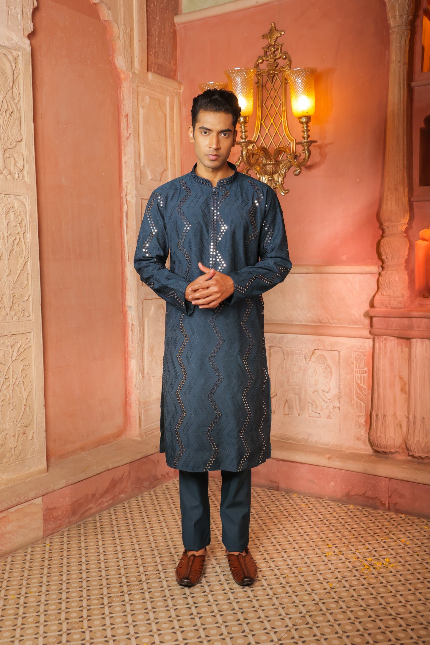 Men blue embroidered kurta with intricate thread and mirror work paired with blue pajama, mandarin collar, button closure, covered placket, traditional Indian ethnic wear set for festive and wedding occasions, formal wear for special occasions