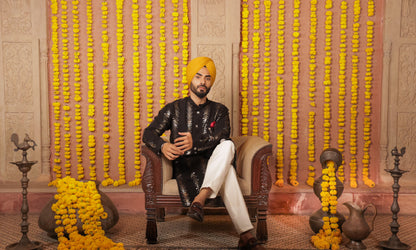 Men's black kurta silver embroidered in front paired with white churidar, mandarin collar, side pockets, full sleeves - premium Indian formal wear for weddings and special occasions