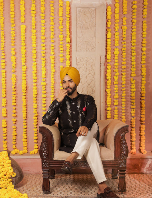 Men's black kurta silver embroidered in front paired with white churidar, mandarin collar, side pockets, full sleeves - premium Indian formal wear for weddings and special occasions