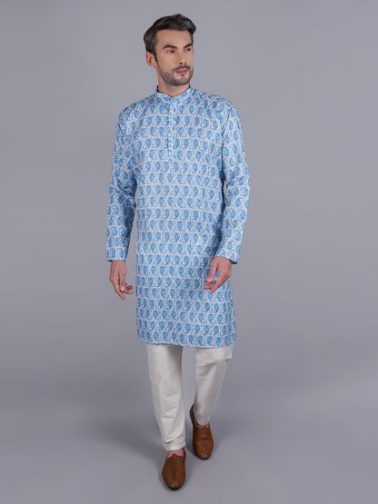 Men Blue printed traditional cotton Kurta, full length, button closure, one fourth placket, full sleeves, mandarin collar, side pockets, traditional wear for family occasions, house warming, casual wear