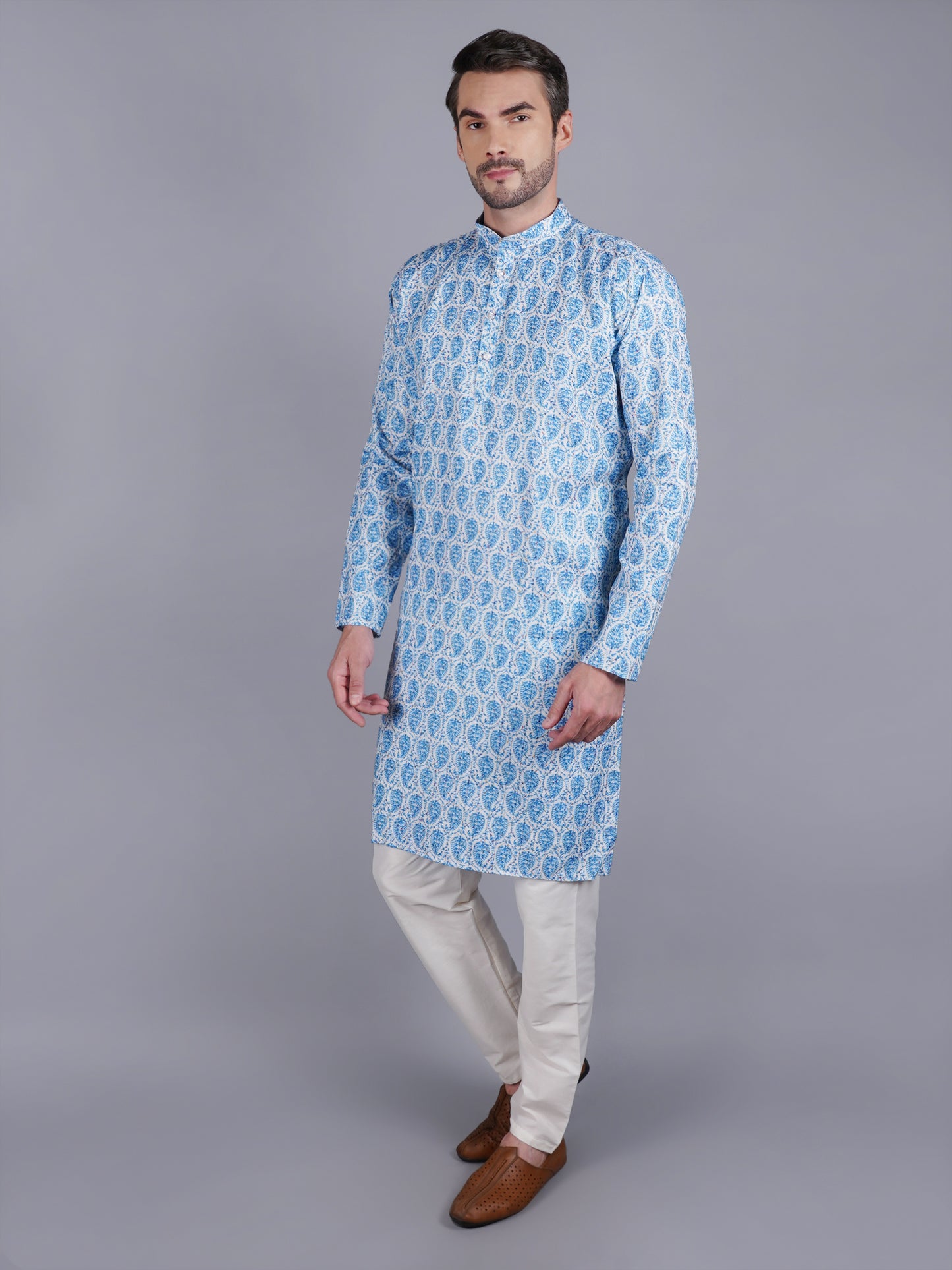 Men Blue printed traditional cotton Kurta, full length, button closure, one fourth placket, full sleeves, mandarin collar, side pockets, traditional wear for family occasions, house warming, casual wear