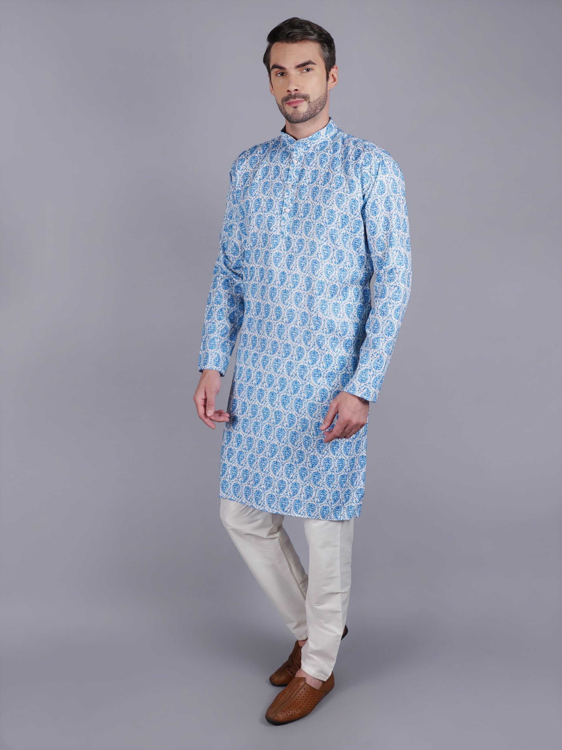 Men Blue printed traditional cotton Kurta, full length, button closure, one fourth placket, full sleeves, mandarin collar, side pockets, traditional wear for family occasions, house warming, casual wear