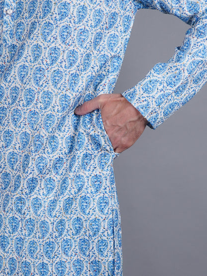 Men Blue printed traditional cotton Kurta, full length, button closure, one fourth placket, full sleeves, mandarin collar, side pockets, traditional wear for family occasions, house warming, casual wear