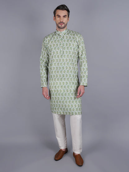 Men Green printed traditional cotton Kurta, full length, button closure, one fourth placket, full sleeves, mandarin collar, side pockets, traditional wear for family occasions, house warming, casual wear