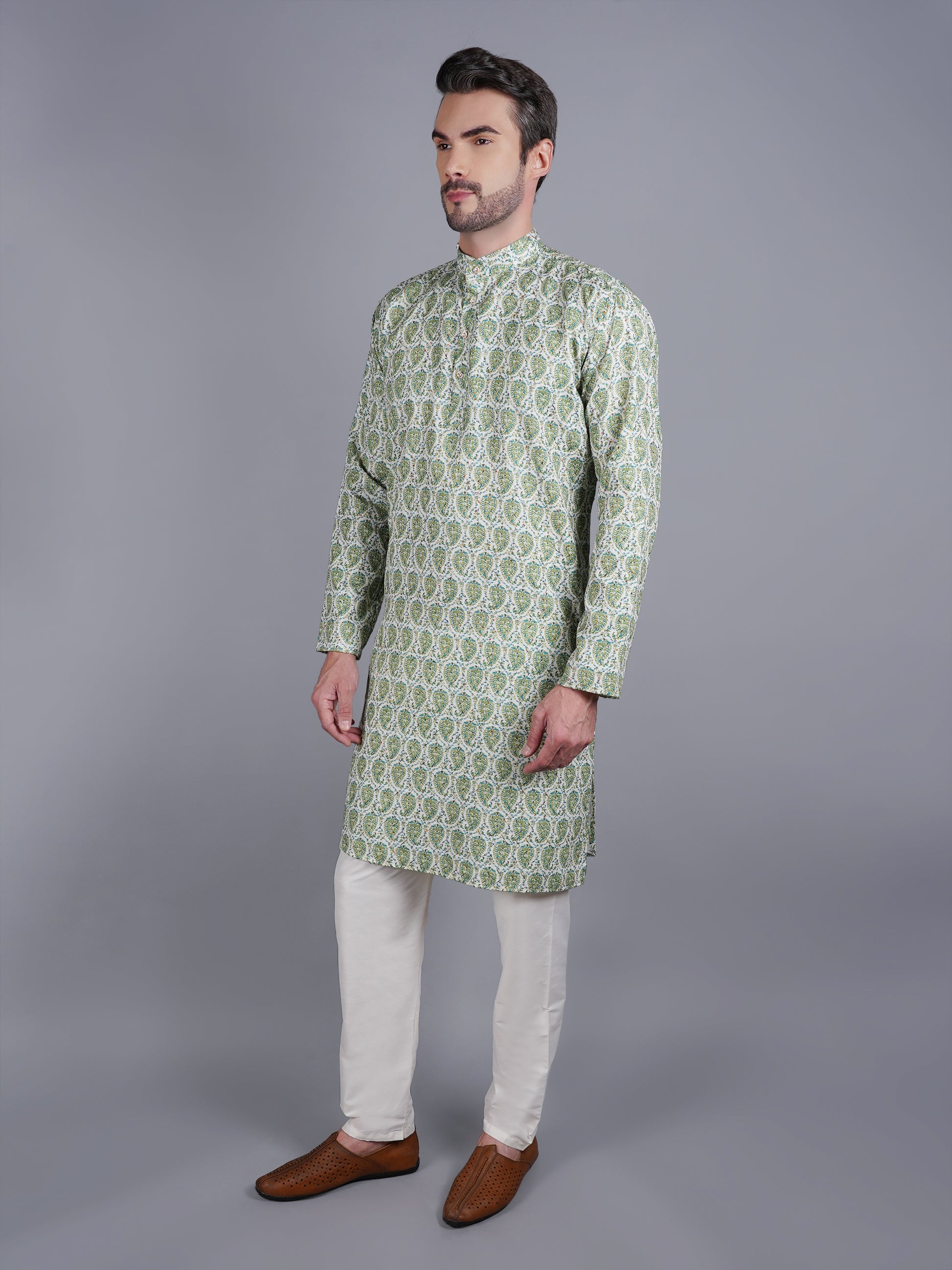 Men Green printed traditional cotton Kurta, full length, button closure, one fourth placket, full sleeves, mandarin collar, side pockets, traditional wear for family occasions, house warming, casual wear
