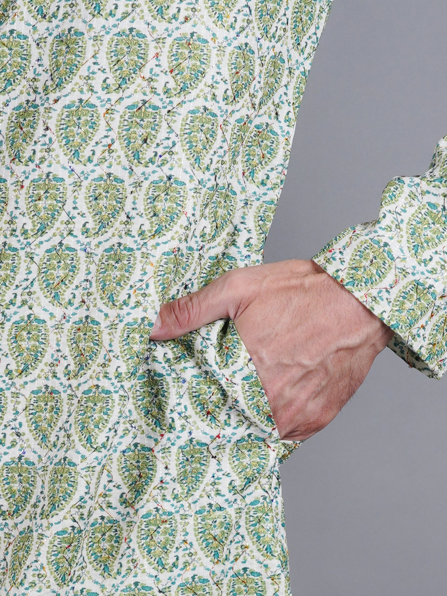 Men Green printed traditional cotton Kurta, full length, button closure, one fourth placket, full sleeves, mandarin collar, side pockets, traditional wear for family occasions, house warming, casual wear