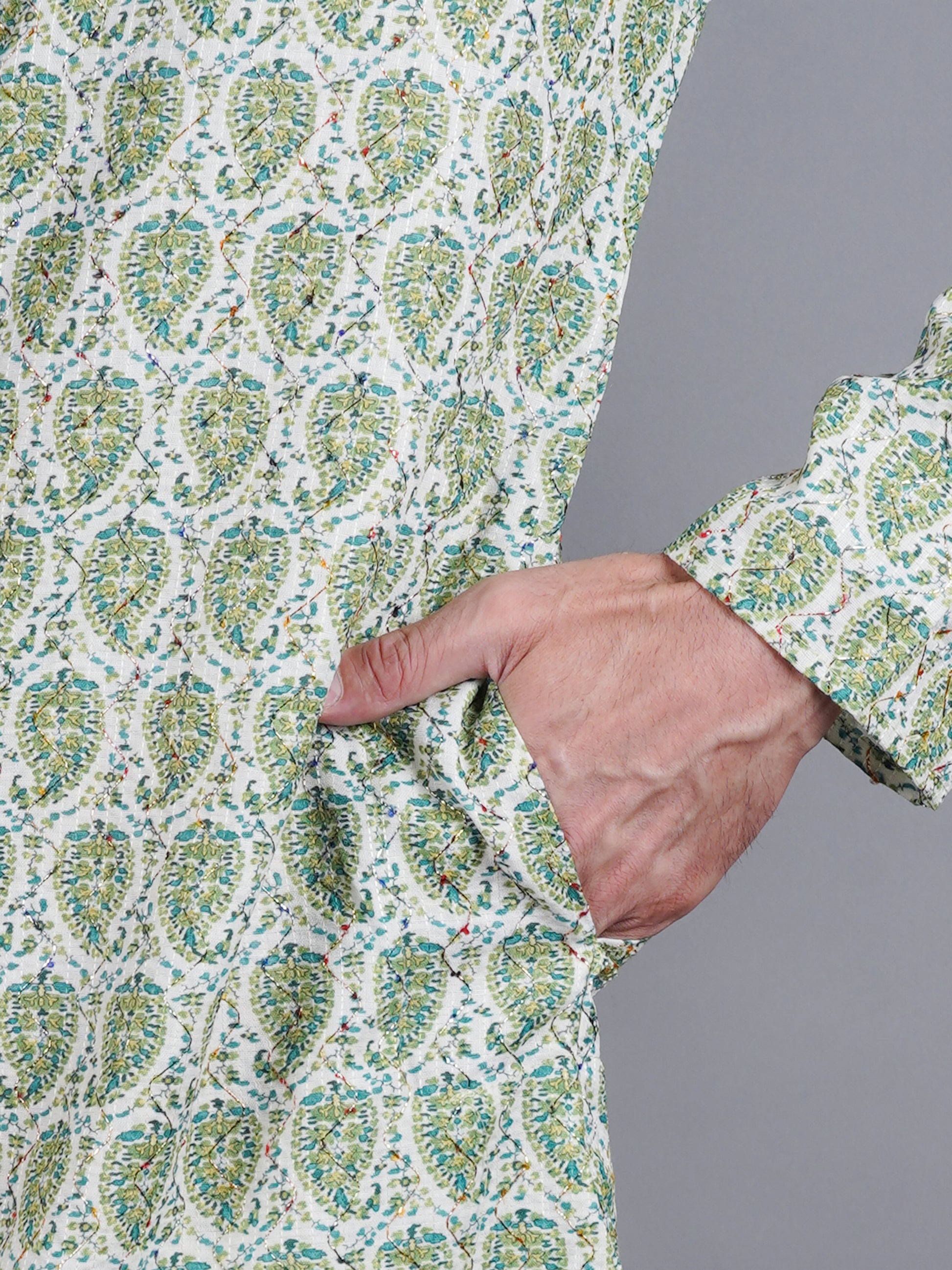 Men Green printed traditional cotton Kurta, full length, button closure, one fourth placket, full sleeves, mandarin collar, side pockets, traditional wear for family occasions, house warming, casual wear