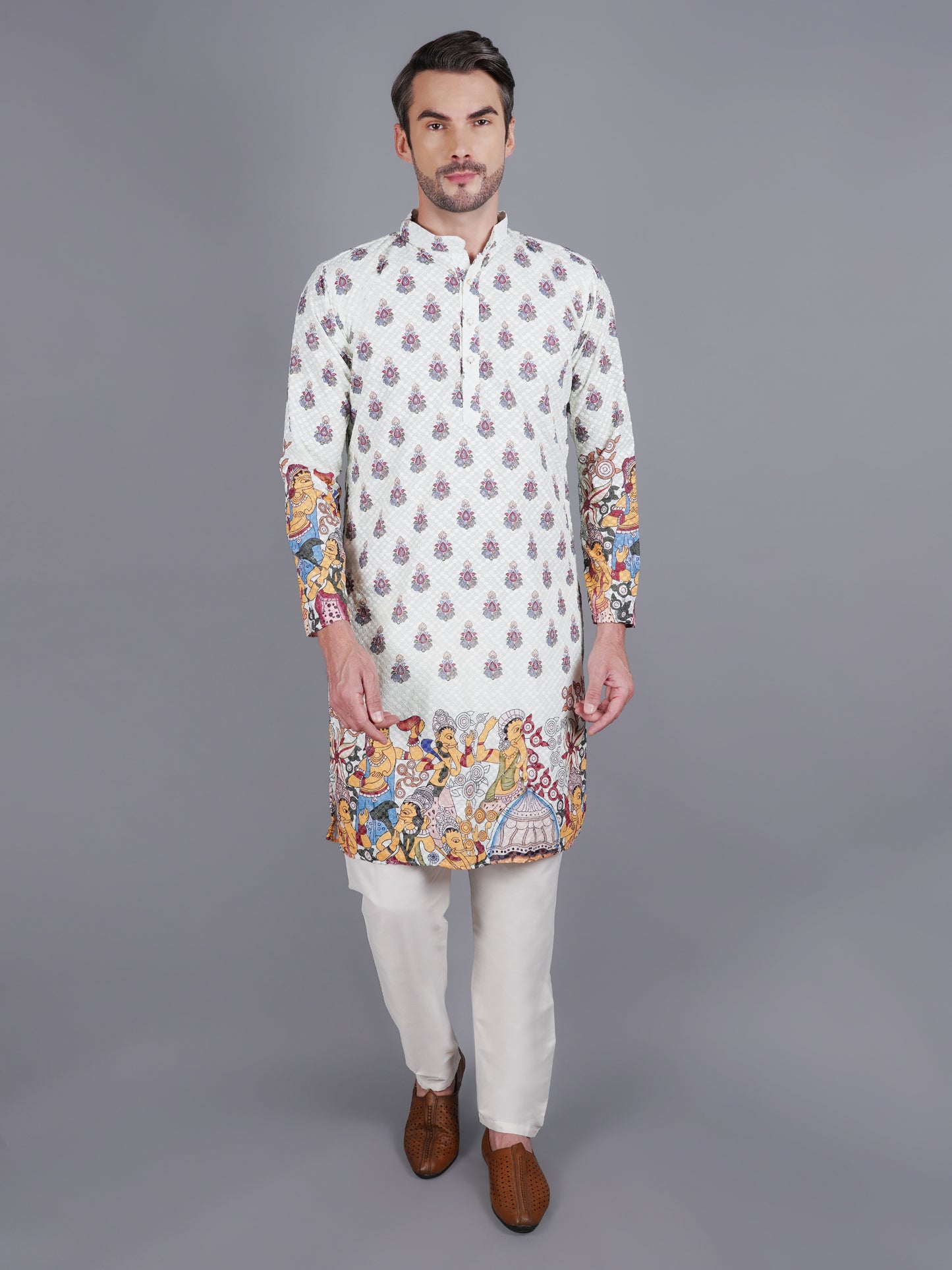 Men's light green kurta with Pichkari floral print and colorful traditional border design, mandarin collar, button closure, full length, side pockets - casual and social occasions Indian wear