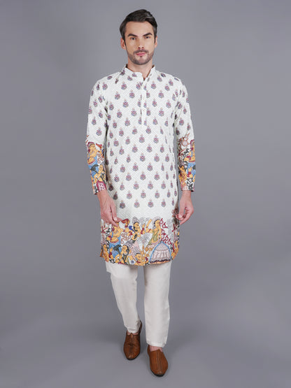Men's light green kurta with Pichkari floral print and colorful traditional border design, mandarin collar, button closure, full length, side pockets - casual and social occasions Indian wear