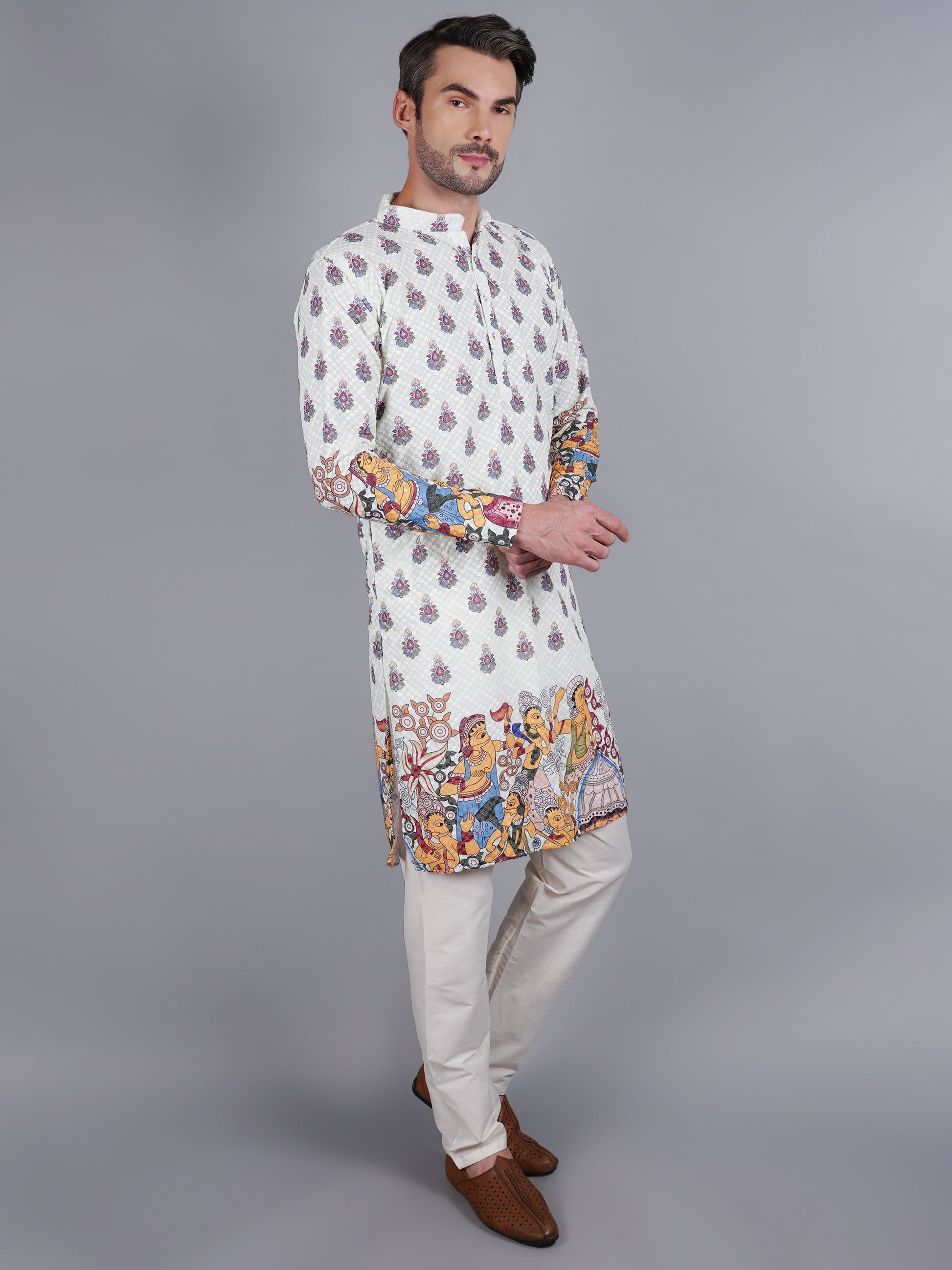 Men's light green kurta with Pichkari floral print and colorful traditional border design, mandarin collar, button closure, full length, side pockets - casual and social occasions Indian wear