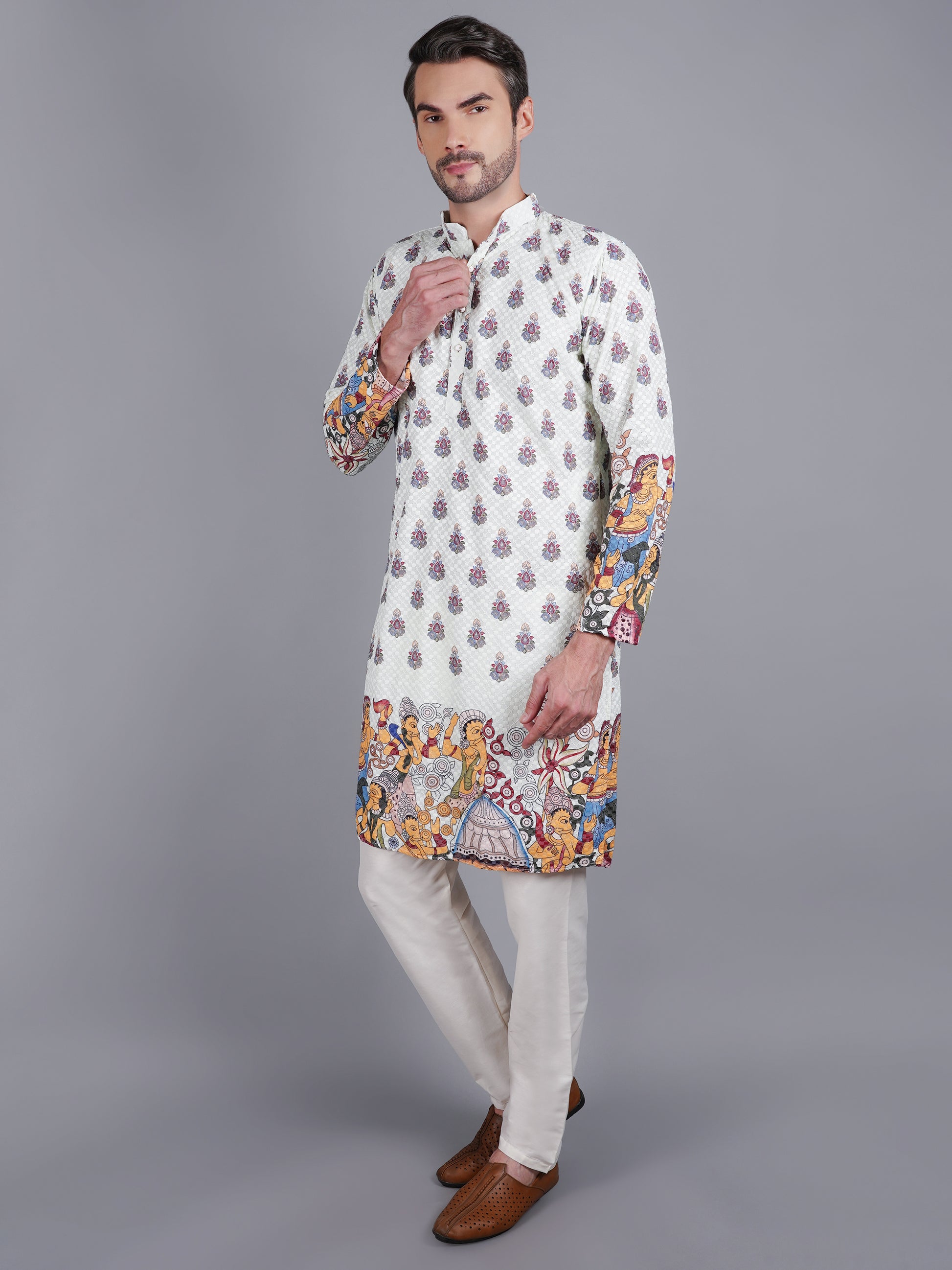 Men's light green kurta with Pichkari floral print and colorful traditional border design, mandarin collar, button closure, full length, side pockets - casual and social occasions Indian wear