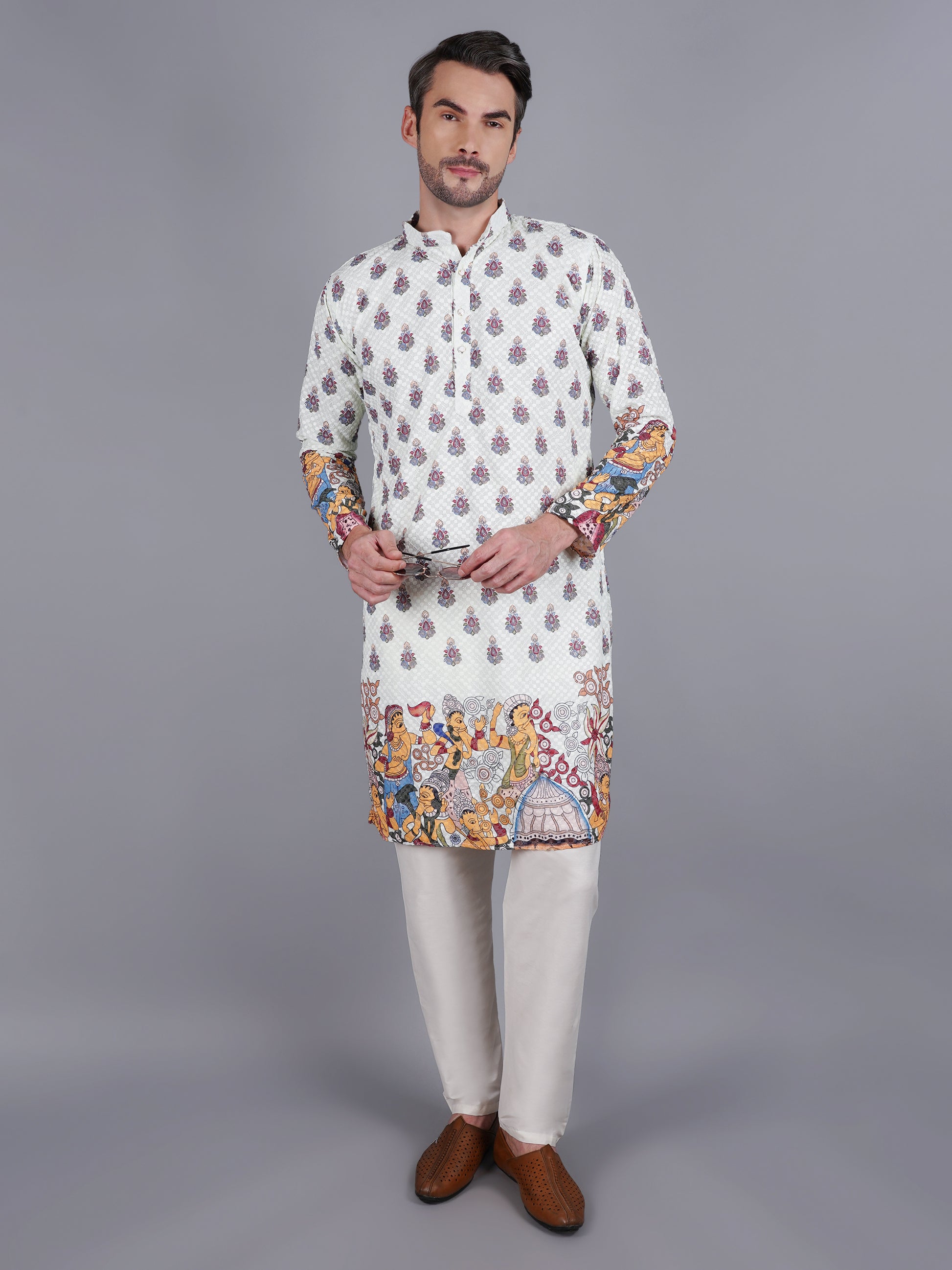 Men's light green kurta with Pichkari floral print and colorful traditional border design, mandarin collar, button closure, full length, side pockets - casual and social occasions Indian wear