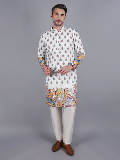 Men's light green kurta with Pichkari floral print and colorful traditional border design, mandarin collar, button closure, full length, side pockets - casual and social occasions Indian wear