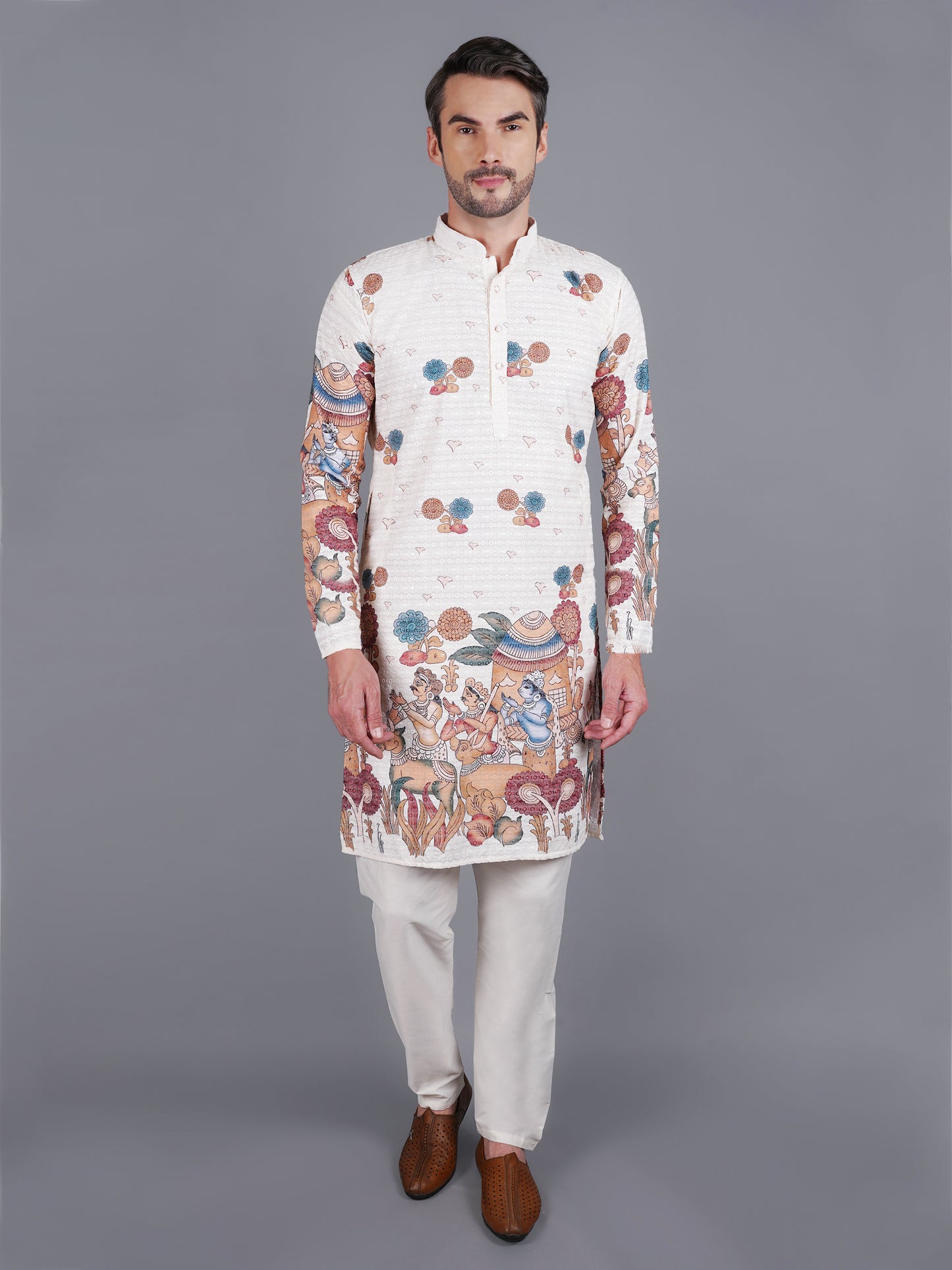 Men's creme kurta with Pichkari floral print and colorful traditional border design, mandarin collar, button closure, full length, side pockets - casual and social occasions Indian wear