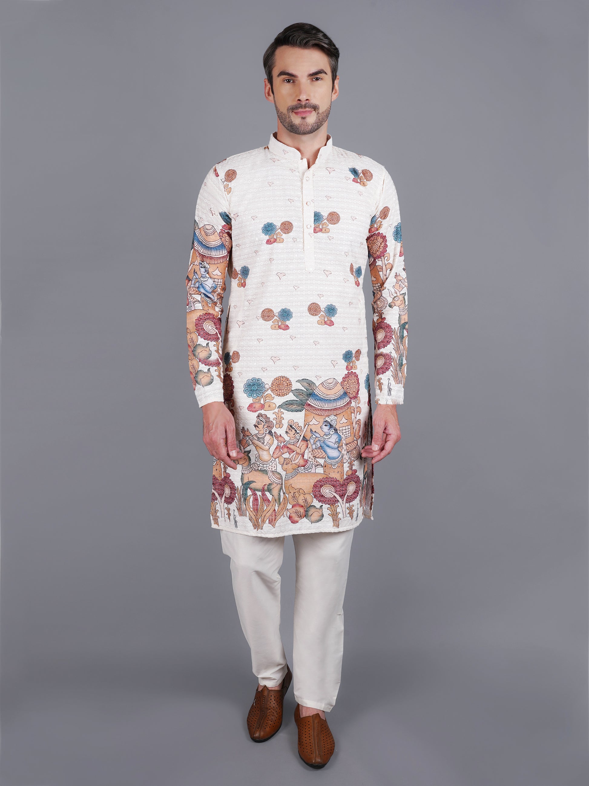 Men's creme kurta with Pichkari floral print and colorful traditional border design, mandarin collar, button closure, full length, side pockets - casual and social occasions Indian wear
