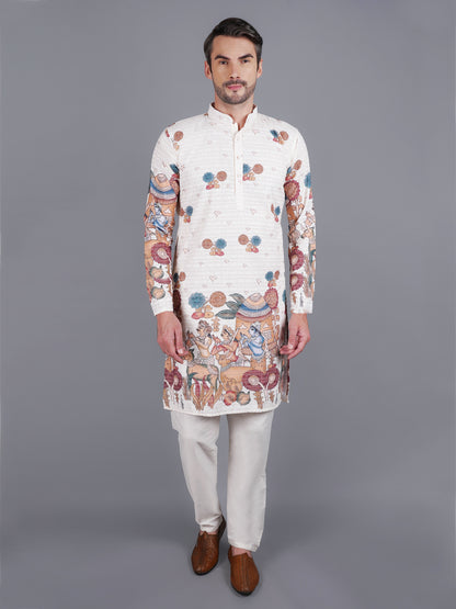 Men's creme kurta with Pichkari floral print and colorful traditional border design, mandarin collar, button closure, full length, side pockets - casual and social occasions Indian wear