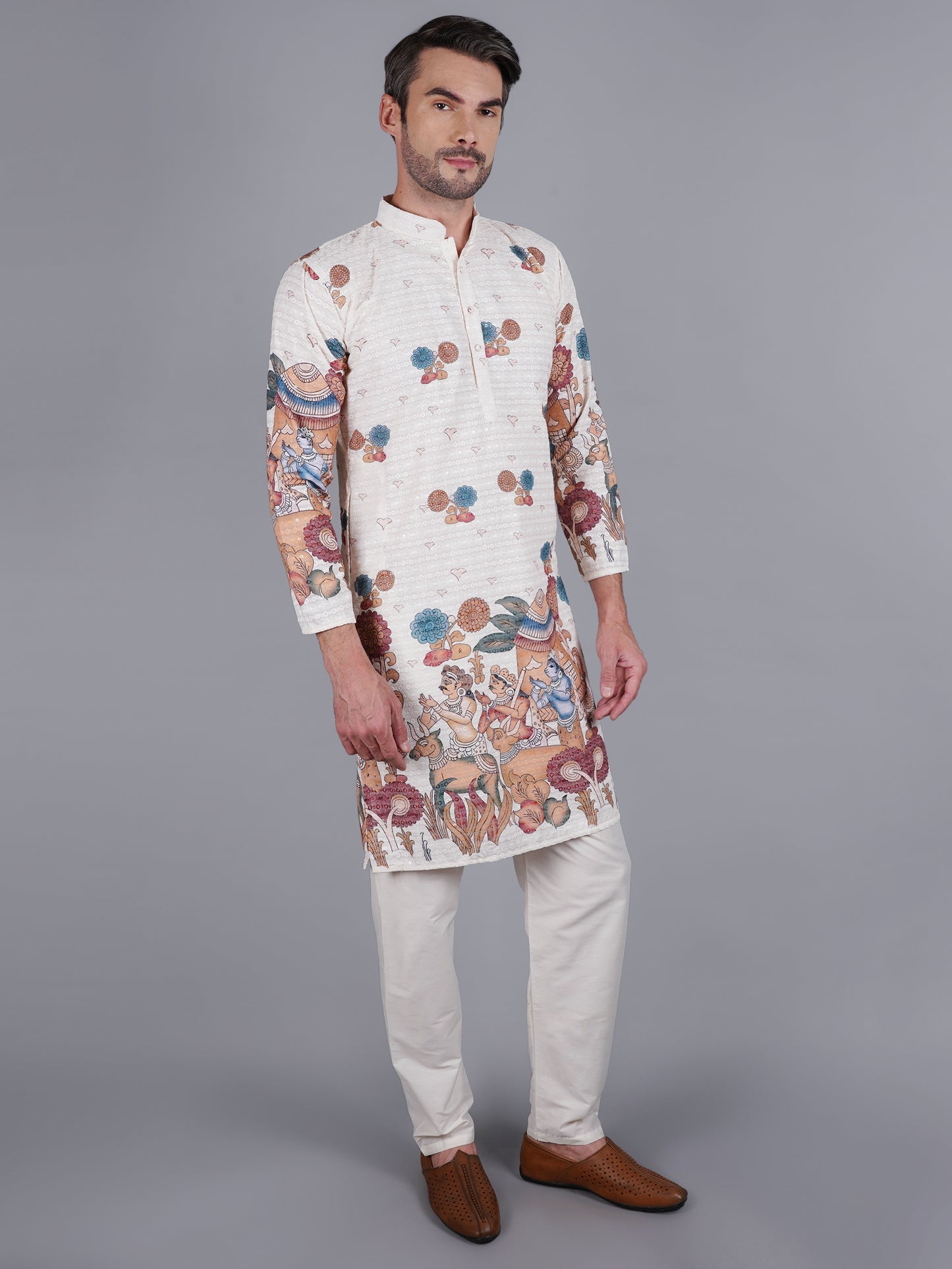 Men's creme kurta with Pichkari floral print and colorful traditional border design, mandarin collar, button closure, full length, side pockets - casual and social occasions Indian wear