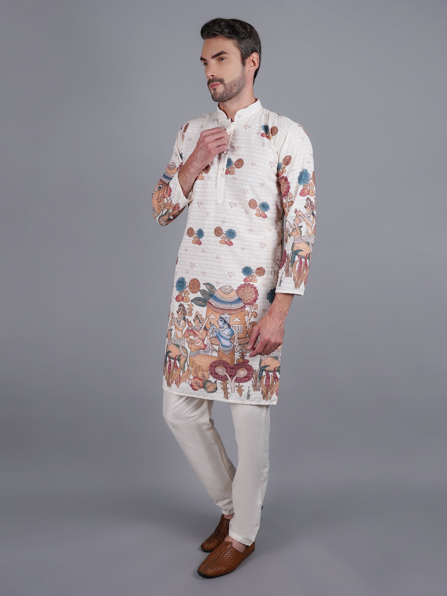 Men's creme kurta with Pichkari floral print and colorful traditional border design, mandarin collar, button closure, full length, side pockets - casual and social occasions Indian wear